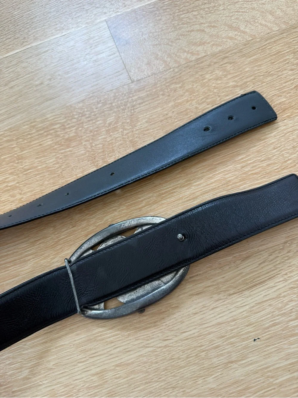 Authentic YSL Men's Vintage Black Leather Belt with Silver Logo Buckle